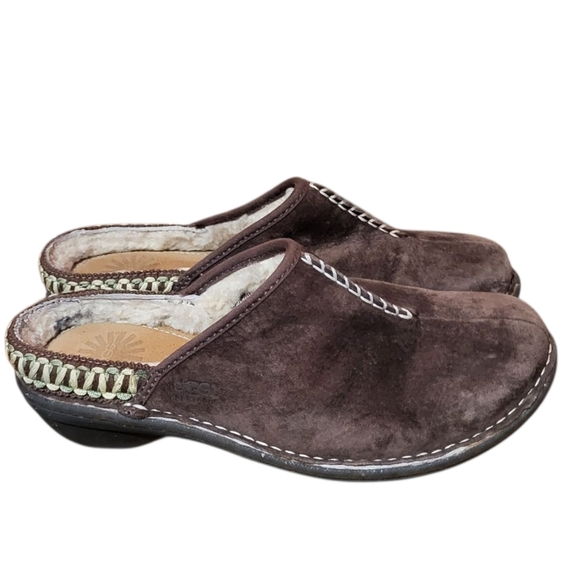 UGG Shoes - UGG Kohala Suede Espresso Brown Shear Fur Lined Mule Shoes Size 8